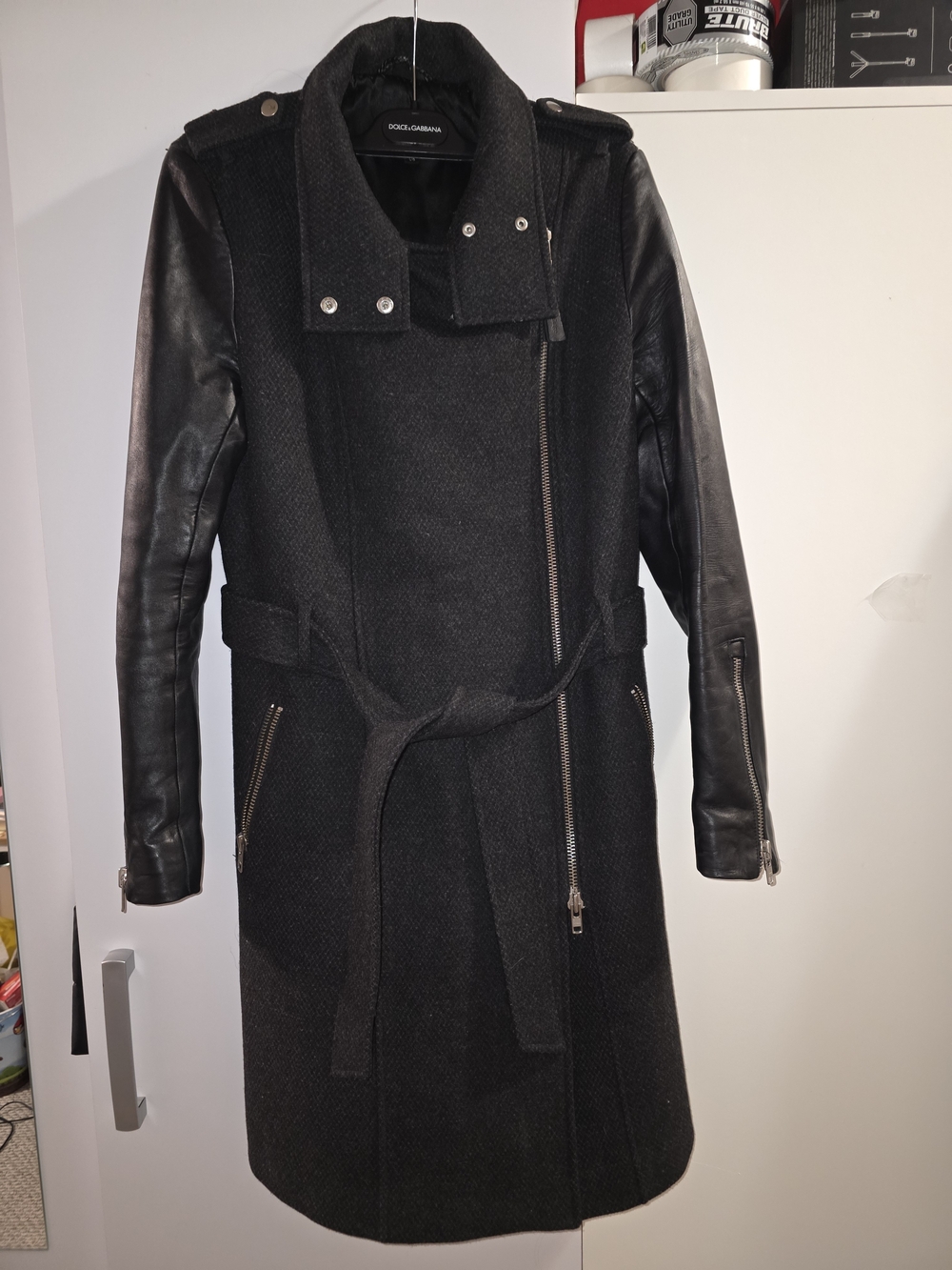 Mackage Black Wool-Blend Trench Coat with Leather Sleeves